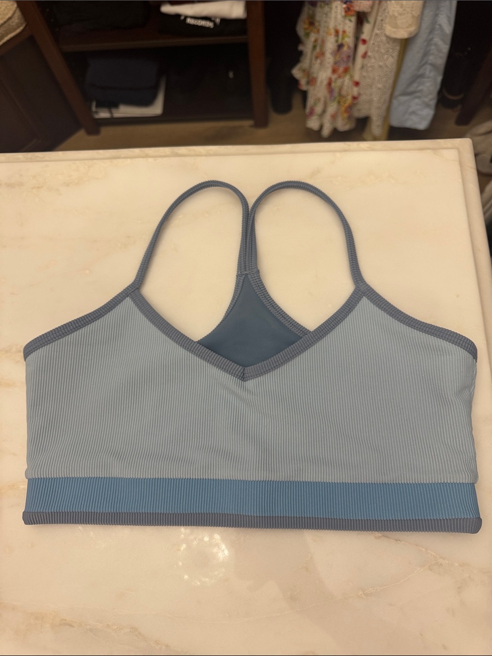 LoveShackFancy Light Blue Ribbed sports bra with Blue Trim